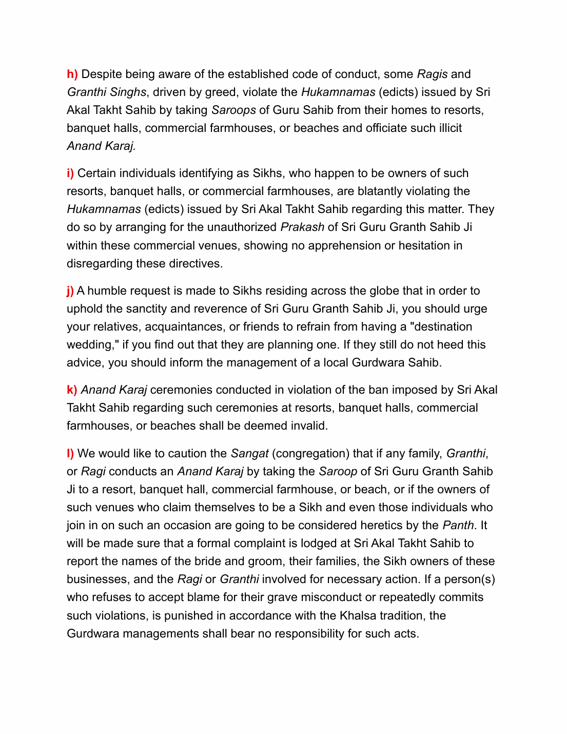 Some points regarding destination weddings, English, page 2 (points h to l)